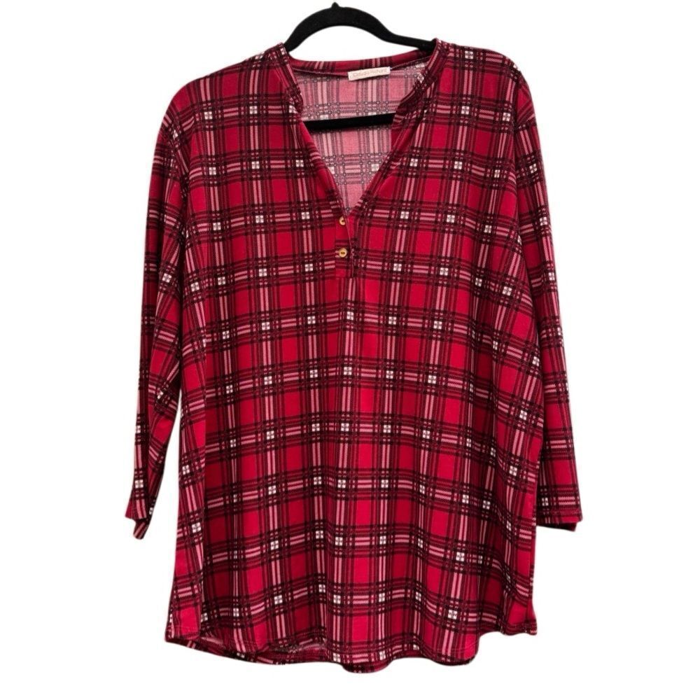 Claudia Richard Women's Plus Red Tartan Plaid Christmas V Neck Blouse Size 3X